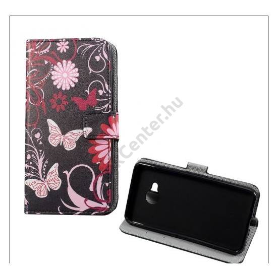 LG Q8 (H970) Tok álló, bőr (FLIP, oldalra nyíló, asztali tartó funkció, pillangó, virágminta) FEKETE	