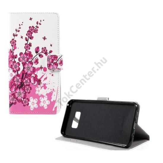 LG Q8 (H970) Tok álló, bőr (FLIP, oldalra nyíló, asztali tartó funkció, virágminta) FEHÉR	