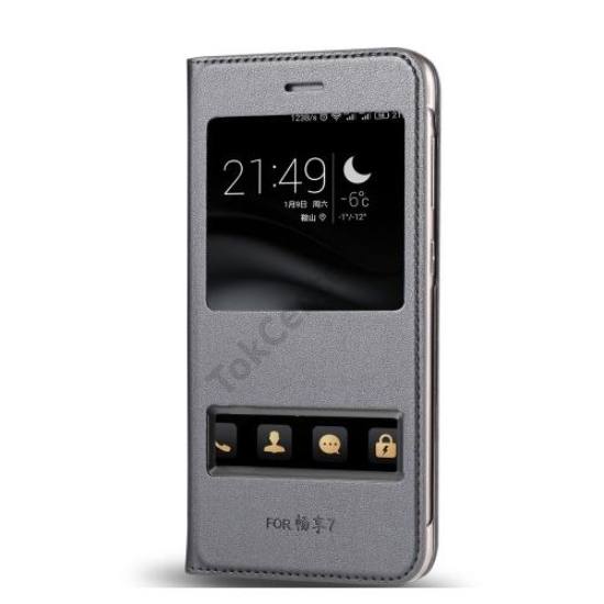 HUAWEI P9 lite mini Tok álló, bőr (FLIP, oldalra nyíló, Dual View Window) EZÜST	