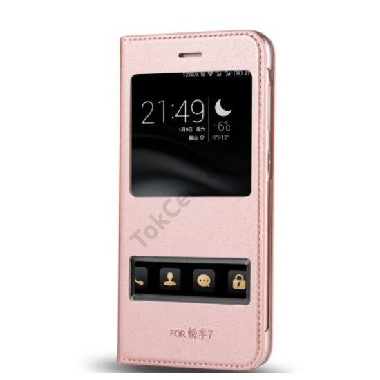 HUAWEI P9 lite mini Tok álló, bőr (FLIP, oldalra nyíló, Dual View Window) ROZÉARANY	