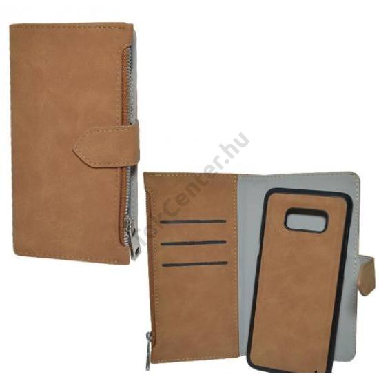 HUAWEI P9 lite (2017) Tok álló, bőr (FLIP, oldalra nyíló, asztali tartó funkció, kivehető, mágneses telefonvédő, cipzáras pénztárca) BARNA	