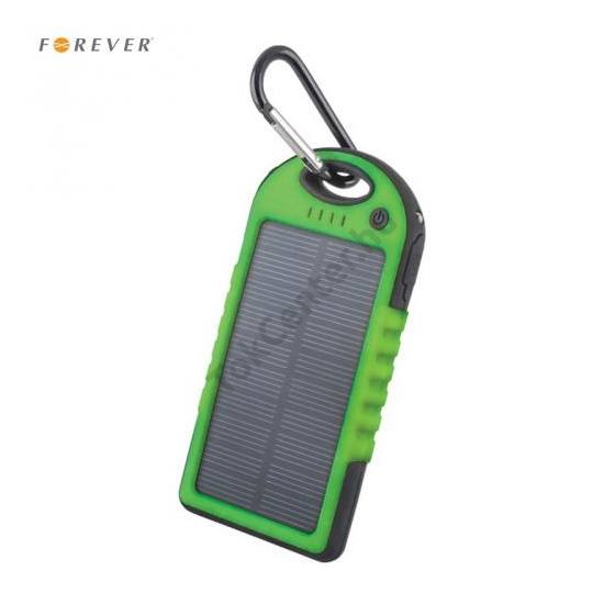 Napelemes vésztöltő akkuval (2 x USB aljzat, 5V / 1000mA, 5000 mAh LI-Polymer, csepp és porálló, karabíner) ZÖLD/FEKETE	