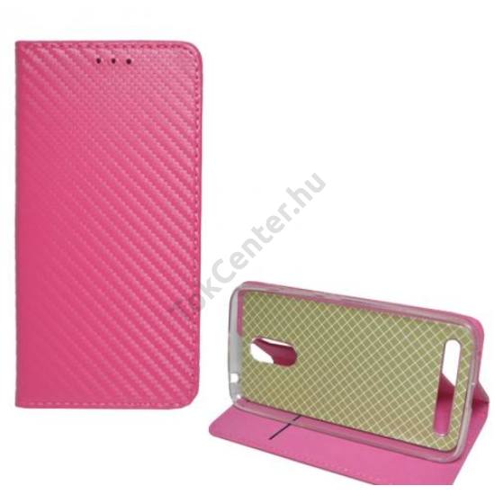 ZTE Blade A602 Tok álló, textil (FLIP, mágneses, oldalra nyíló, asztali tartó funkció, karbon minta) RÓZSASZÍN	