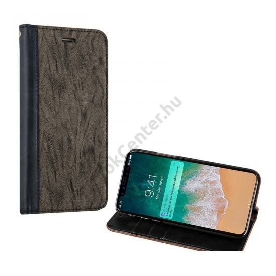 Apple iPhone X 5.8 / Apple iPhone XS 5.8 Tok álló, bőr hatású (FLIP, oldalra nyíló, asztali tartó funkció, nyakba akasztható, faerezet minta) SZÜRKE
