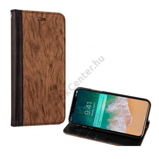 Apple iPhone X 5.8 / Apple iPhone XS 5.8 Tok álló, bőr hatású (FLIP, oldalra nyíló, asztali tartó funkció, nyakba akasztható, faerezet minta) BARNA