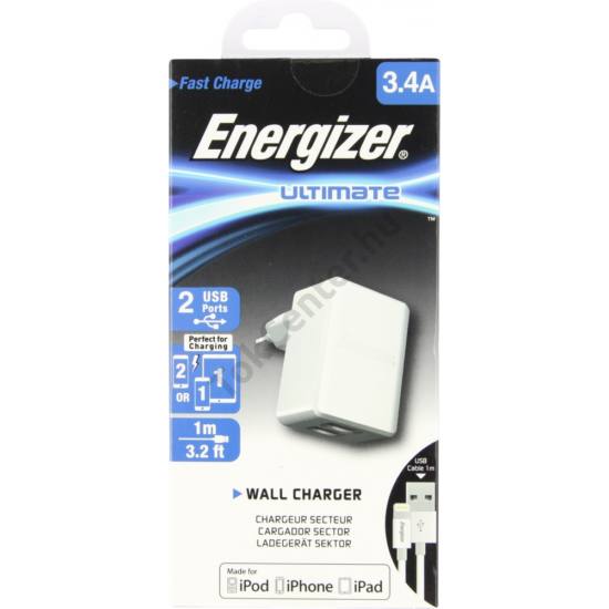 Energizer lightning hálózati töltő,2xUSB,3.4A,Fehér