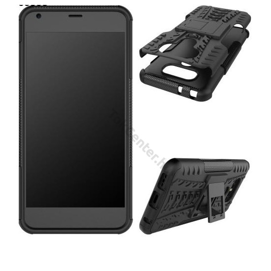 LG G6 (H870) Defender műanyag telefonvédő (közepesen ütésálló, gumi / szilikon belső, kitámasztó, autógumi minta) FEKETE	