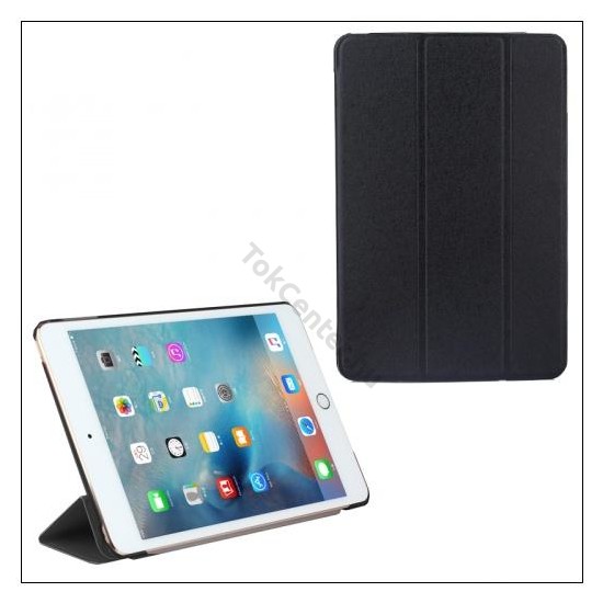 APPLE IPAD 9.7 (2017) /APPLE IPAD 9.7 (2018) Tok álló, bőr hatású (aktív flip, oldalra nyíló, TRIFOLD asztali tartó funkció, textil minta) FEKETE