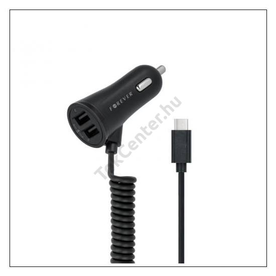 FOREVER szivargyújtó töltő/autós töltő 2 x USB aljzat (USB Type-C, 5V / 3400 mA, 100 cm hosszú) FEKETE	