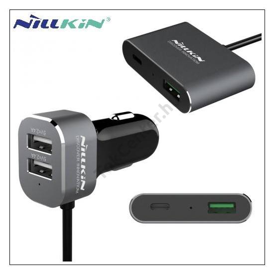 NILLKIN szivargyújtó töltő/autós töltő 4 x USB aljzat (3x5V/2400mA, Type-C, gyorstöltés támogatás, kábel NÉLKÜL!) FEKETE	