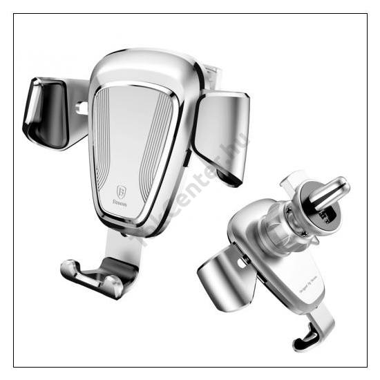 BASEUS autós tartó (szellőzőre, gravitációs, 360°-ban forgatható, töltő kialakítás, 4-6.2'' méret) EZÜST