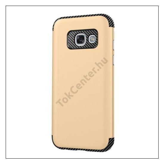 SAMSUNG Galaxy A3 (2017) (SM-A320F) Defender műanyag telefonvédő (közepesen ütésálló, gumi / szilikon belső, karbon minta) ARANY	