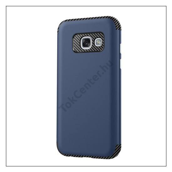 SAMSUNG Galaxy A3 (2017) (SM-A320F) Defender műanyag telefonvédő (közepesen ütésálló, gumi / szilikon belső, karbon minta) SÖTÉTKÉK	