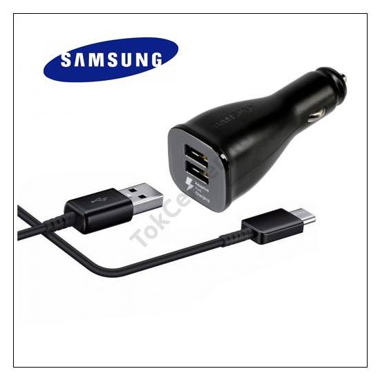 Szivargyújtó töltő/autós töltő 2 x USB aljzat (5V / 2000mA, EP-DW700CBE Type-C adat/töltőkábel, QC támogatás) FEKETE	