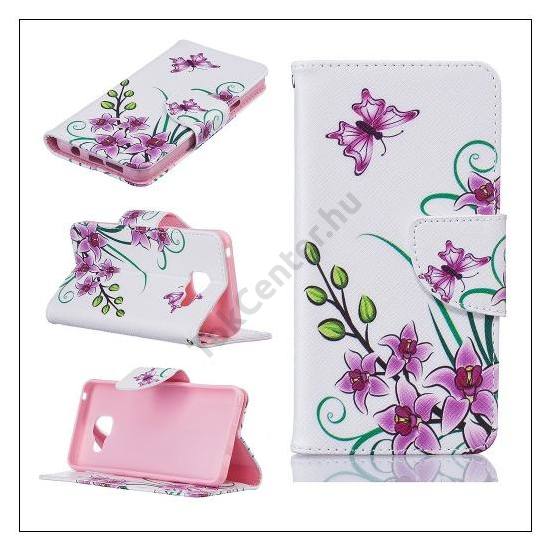 HUAWEI P9 Tok álló, bőr (FLIP, oldalra nyíló, asztali tartó funkció, lila pillangó, virágminta) FEHÉR	