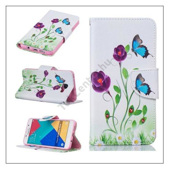 HUAWEI Y5 II (Y5-2) HUAWEI Y6 II Compact Tok álló, bőr (FLIP, oldalra nyíló, asztali tartó funkció, pillangó, lila virágminta) FEHÉR	