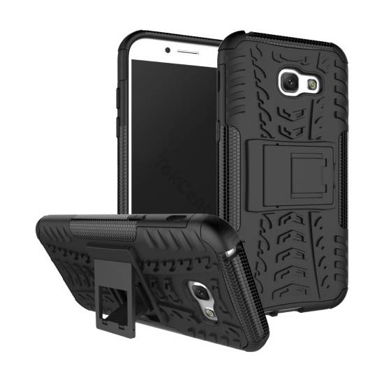 MOTOROLA Moto G5 (XT1676) Defender műanyag telefonvédő (közepesen ütésálló, gumi / szilikon belső, kitámasztó, autógumi minta) FEKETE	