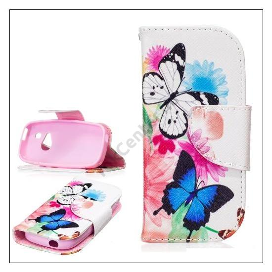 NOKIA 3310 (2017) Tok álló, bőr (FLIP, mágneses, oldalra nyíló, asztali tartó funkció, színes pillangó minta) FEHÉR	