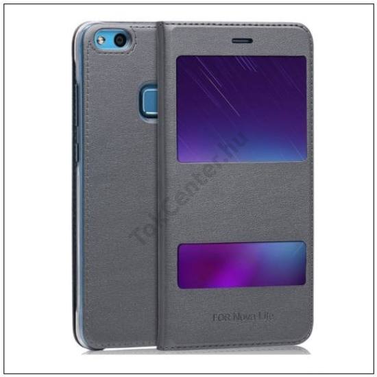 HUAWEI P10 Lite Tok álló, bőr (FLIP, oldalra nyíló, Dual View Window) SZÜRKE	