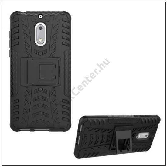 NOKIA 6 Defender műanyag telefonvédő (közepesen ütésálló, gumi / szilikon belső, kitámasztó, autógumi minta) FEKETE	