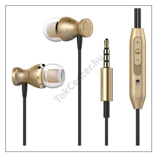 Fülhallgató SZTEREO (3.5mm jack, felvevő gomb, mikrofon, hangerő szabályzó, mágneses) ARANY