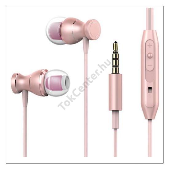 Fülhallgató SZTEREO (3.5mm jack, felvevő gomb, mikrofon, hangerő szabályzó, mágneses) RÓZSASZÍN