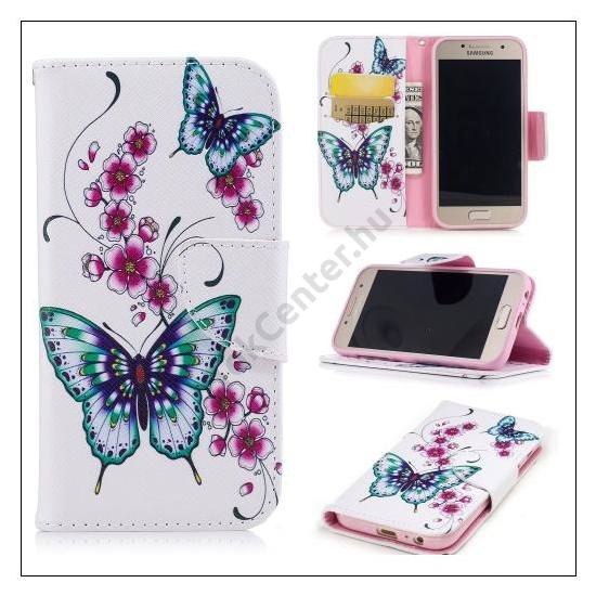 SAMSUNG Galaxy A3 (2017) (SM-A320F) Tok álló, bőr (FLIP, mágneses, oldalra nyíló, asztali tartó funkció, pillangó, rózsaszín virágminta) RÓZSASZÍN	