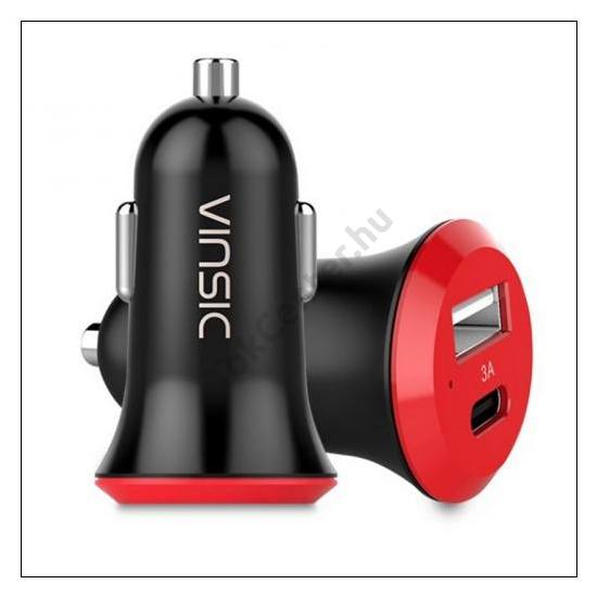 VINSIC szivargyújtó töltő/autós töltő 2 x USB aljzat (5V/3000mA, Type-C, gyorstöltés támogatás) FEKETE	