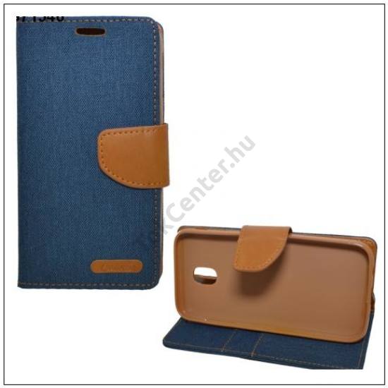 SAMSUNG Galaxy J3 (2017) (SM-J330) EU Tok álló, bőr (FLIP, oldalra nyíló, asztali tartó funkció, textil hatás) SÖTÉTKÉK	