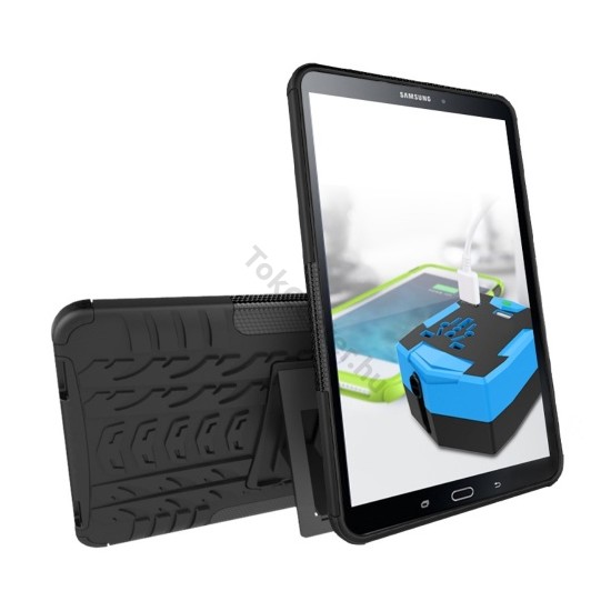 Samsung Galaxy Tab A 10.1 LTE (2016) SM-T585 /Samsung Galaxy Tab A 10.1 WIFI (2016) SM-T580 Defender műanyag telefonvédő (közepesen ütésálló, szilikon belső, kitámasztó, autógumi minta) FEKETE