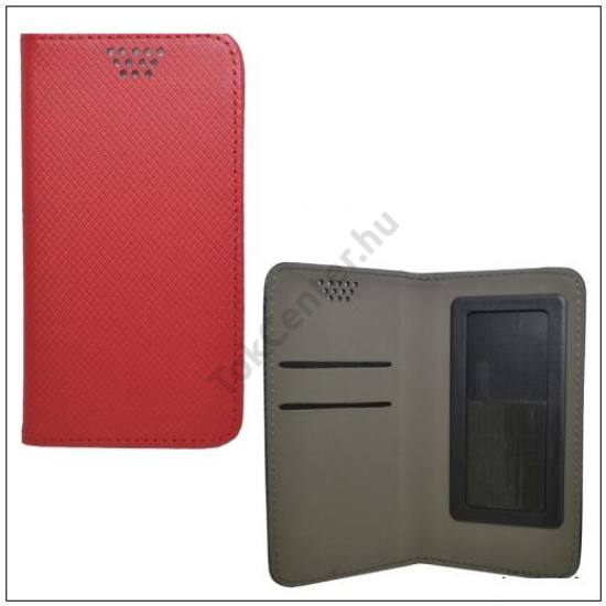 Tok álló, bőr (oldalra nyíló, csúsztatható, öntapadós rögzítés, univerzális, 4.7-5'' méret, rombuszminta) PIROS
