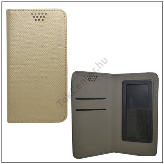 Tok álló, bőr (oldalra nyíló, csúsztatható, öntapadós rögzítés, univerzális, 4-4.5'' méret, rombuszminta) ARANY