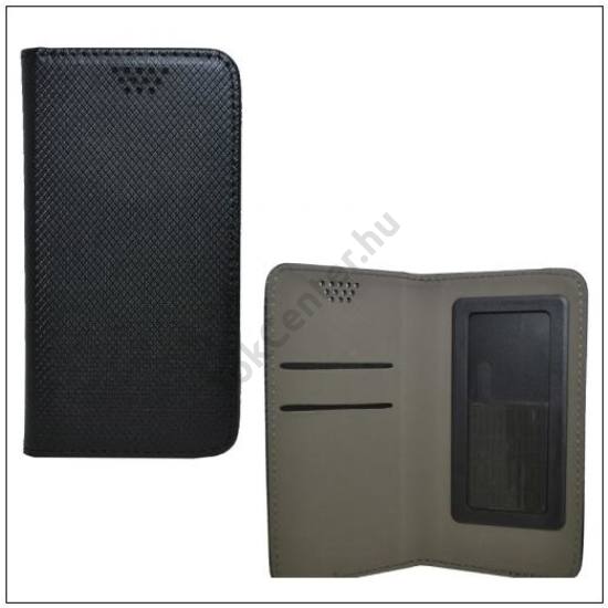 Tok álló, bőr (oldalra nyíló, csúsztatható, öntapadós rögzítés, univerzális, 5-5.5'' méret, rombuszminta) FEKETE