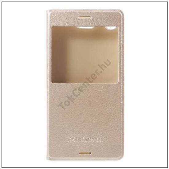 SONY Xperia XZ1 Compact Tok álló, bőr (FLIP, mágneses, oldalra nyíló, View Window) ARANY	