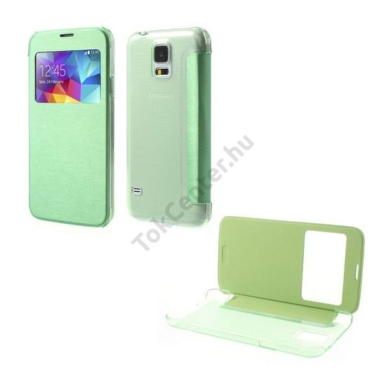 Samsung Galaxy S V. (SM-G900) Műanyag telefonvédő (FLIP, átlátszó hátlap, oldalra nyíló, S-View Cover) ZÖLD