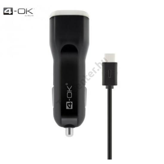 4-OK szivargyújtó töltő/autós töltő 2 x USB aljzat (5V/3000mA, 12/24V, Type-C kábel ) FEKETE	