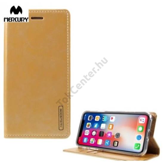 Apple iPhone X 5.8 / Apple iPhone XS 5.8 MERCURY BLUE MOON FLIP tok álló, bőr hatású (oldalra nyíló, asztali tartó funkció) FÉNYES ARANY