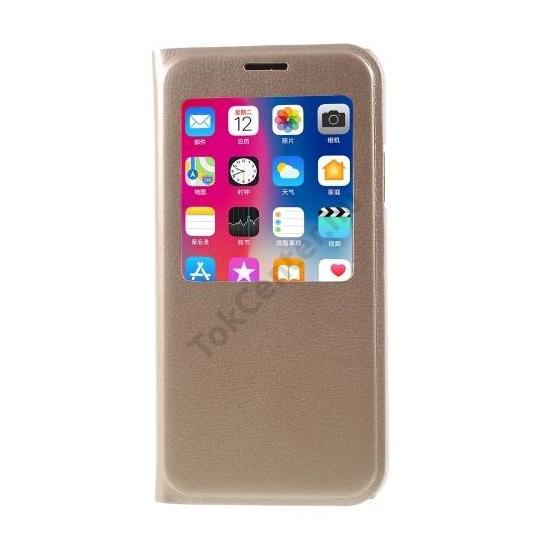 Apple iPhone X 5.8 / Apple iPhone XS 5.8 Tok álló, bőr hatású (FLIP, oldalra nyíló, hívókijelzés, logo kivágás, View Window) ARANY