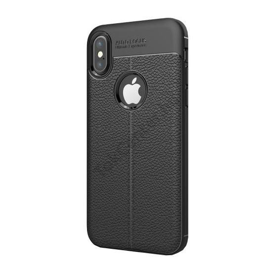 Apple iPhone X 5.8 / Apple iPhone XS 5.8 Szilikon telefonvédő (közepesen ütésálló, bőr hatású, varrás minta, logo kivágás) FEKETE