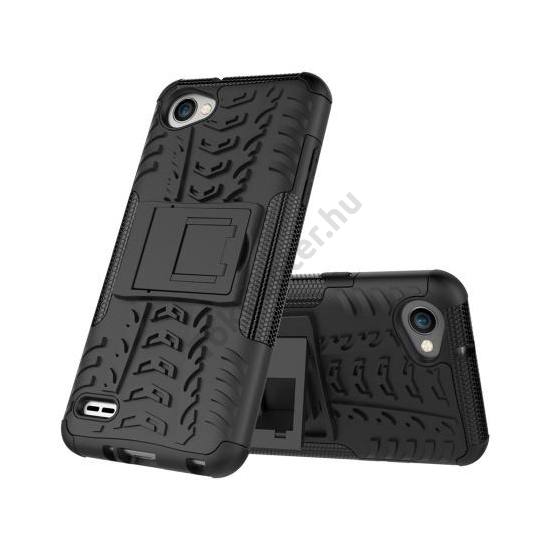 LG Q6 Defender műanyag telefonvédő (közepesen ütésálló, gumi / szilikon belső, kitámasztó, autógumi minta) FEKETE	