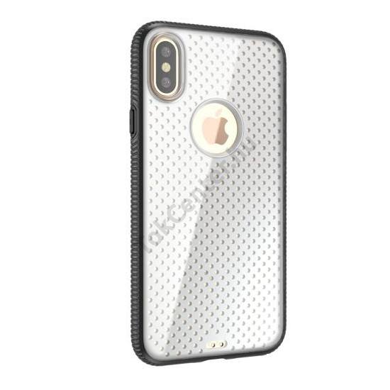 Apple iPhone X 5.8 / Apple iPhone XS 5.8 Műanyag telefonvédő (szilikon keret, közepesen ütésálló, átlátszó akril hátlap, lyukacsos minta, logo kivágás) FEKETE