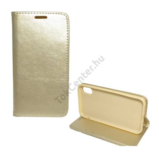 Apple iPhone X 5.8/  Apple iPhone XS 5.8 Tok álló, bőr hatású (FLIP, oldalra nyíló, asztali tartó funkció) ARANY