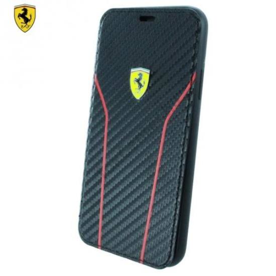 Apple iPhone X 5.8 / Apple iPhone XS 5.8 Ferrari Scuderia Carbon tok álló, bőr hatású (FLIP, oldalra nyíló, karbon minta) FEKETE