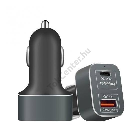Szivargyújtó töltő/autós töltő 2 x USB aljzat (1x 20V/2250 mA, 1x 12V/2000mA, Type-C, gyorstöltés támogatás) FEKETE	