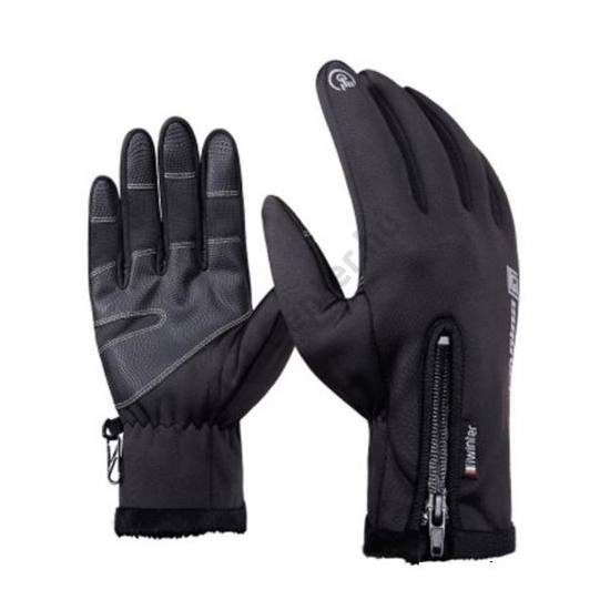 Érintő kesztyű (kapacitív kijelzőhöz, kültéri, 5 ujjas érzékelőfelület, vízálló, gyapjú bélés, unisex, XL méret) FEKETE	