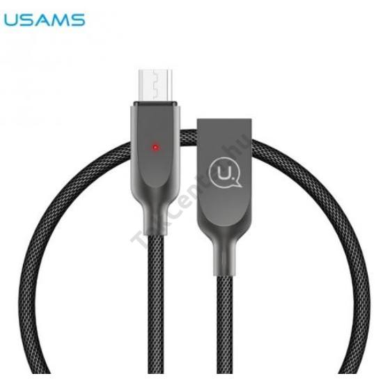 USAMS U-SUN adatkábel és töltő (microUSB, 120 cm, törésgátló, gyorstöltés támogatás, cipőfűző minta) FEKETE