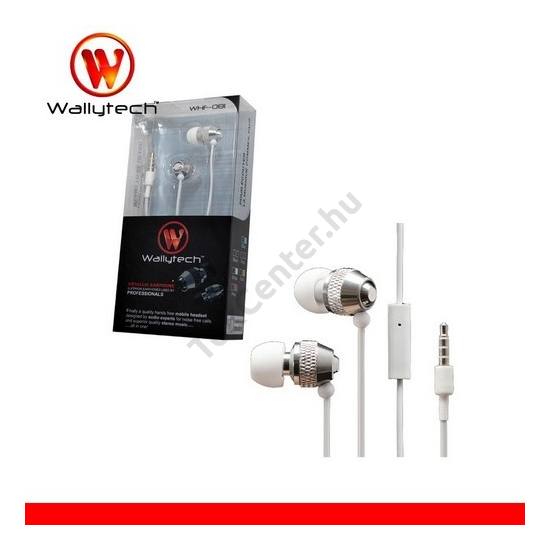 WALLYTECH fülhallgató SZTEREO (3.5mm jack, mikrofon, felvevő gomb, alumínium ház) FEHÉR / EZÜST