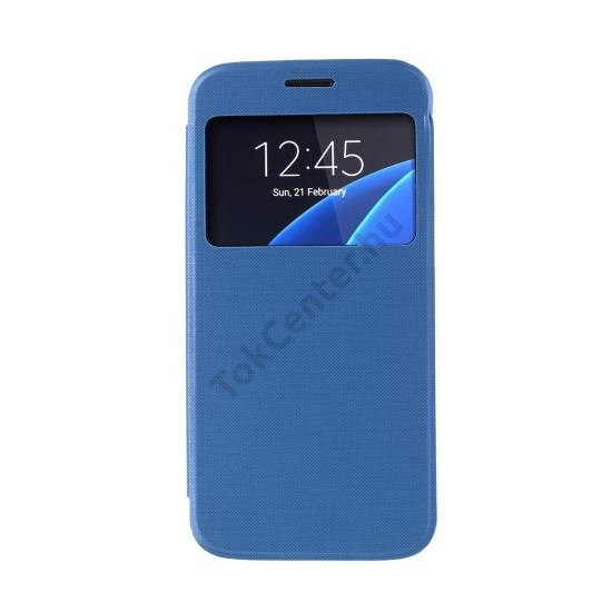 Samsung Galaxy S7 (SM-G930) Műanyag telefonvédő (bőr flip, oldalra nyíló, View Window, szálcsiszolt mintázat) KÉK
