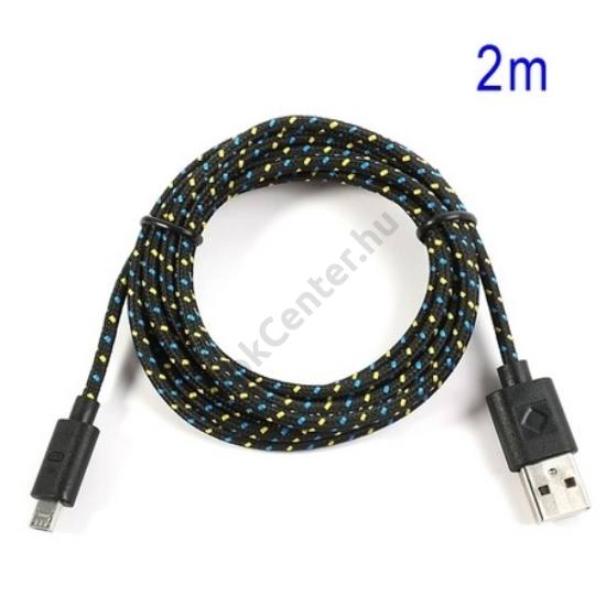 Adatátvitel adatkábel és töltő (microUSB, 200 cm, szőtt / cipőfűző minta) FEKETE