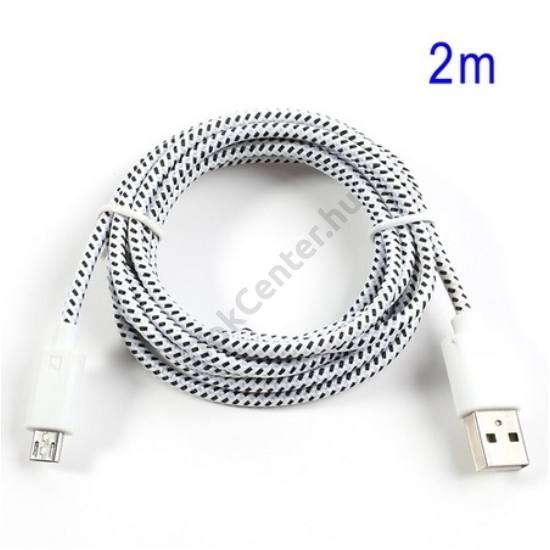 Adatátvitel adatkábel és töltő (microUSB, 200 cm, szőtt / cipőfűző minta) FEHÉR